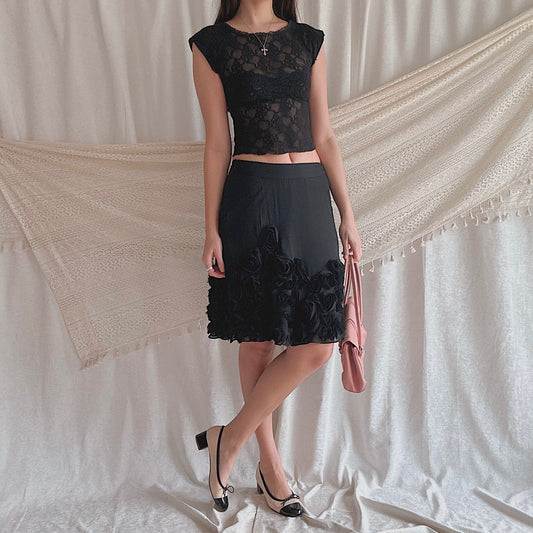 Y2K Black Silk Rosette Midi Skirt / SZ S/M