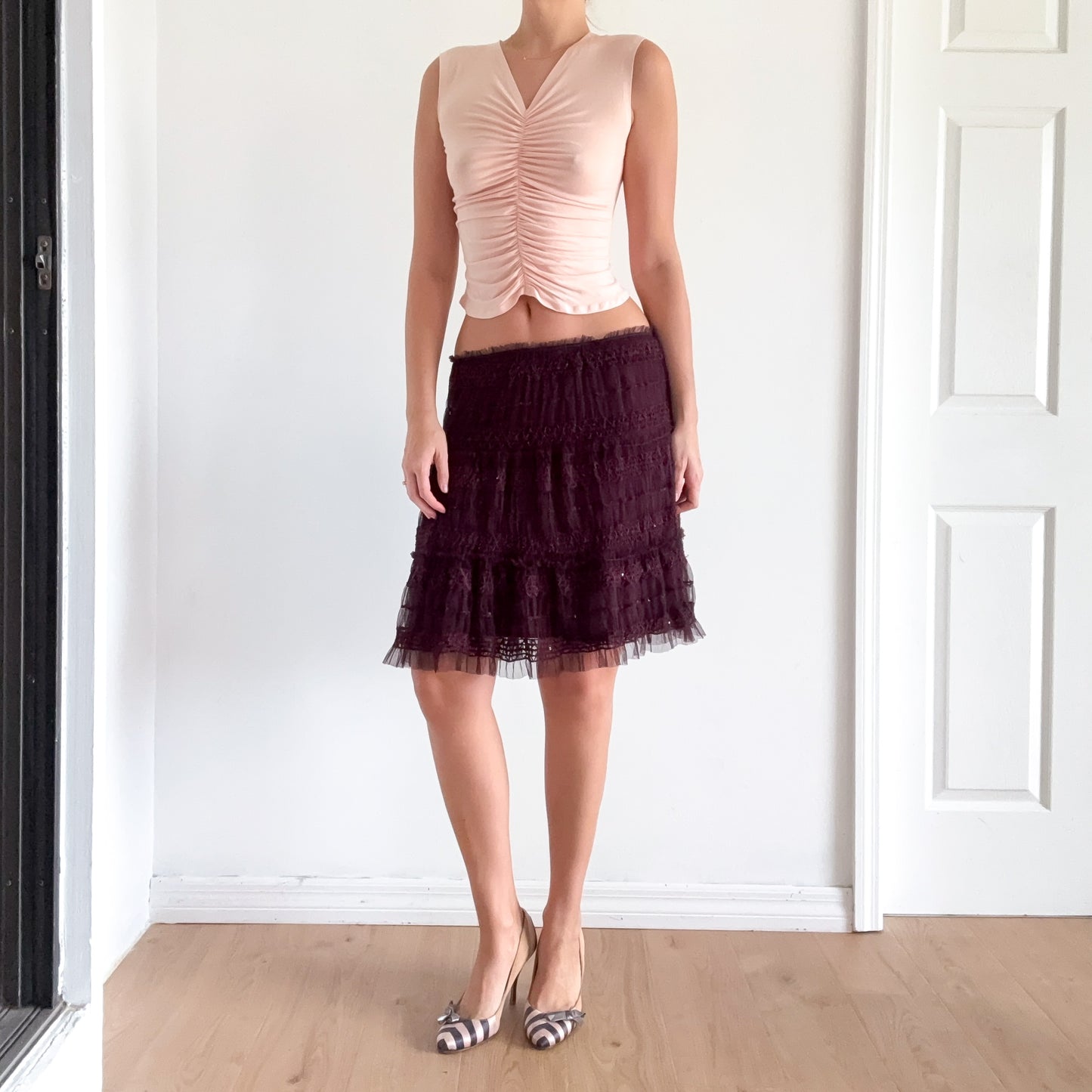 Y2K Maroon Smocked Mesh Midi Skirt / SZ S-M