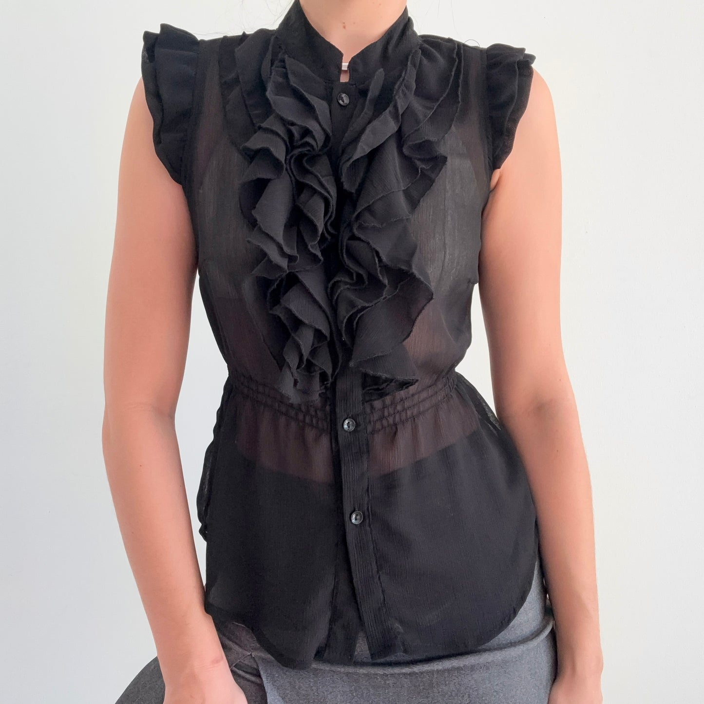 2010's Black Chiffon Ruffle Button Blouse / SZ S-M