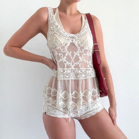 2010's Cream Crochet Mesh Top / SZ S