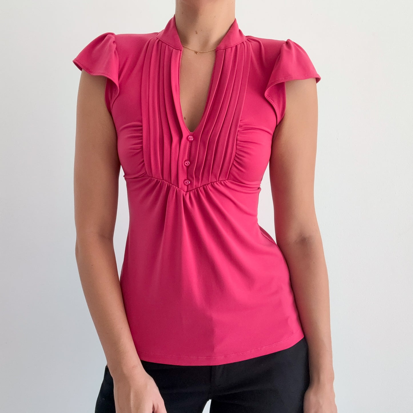 Y2K Hot Pink Flutter Tie Back Blouse / SZ S