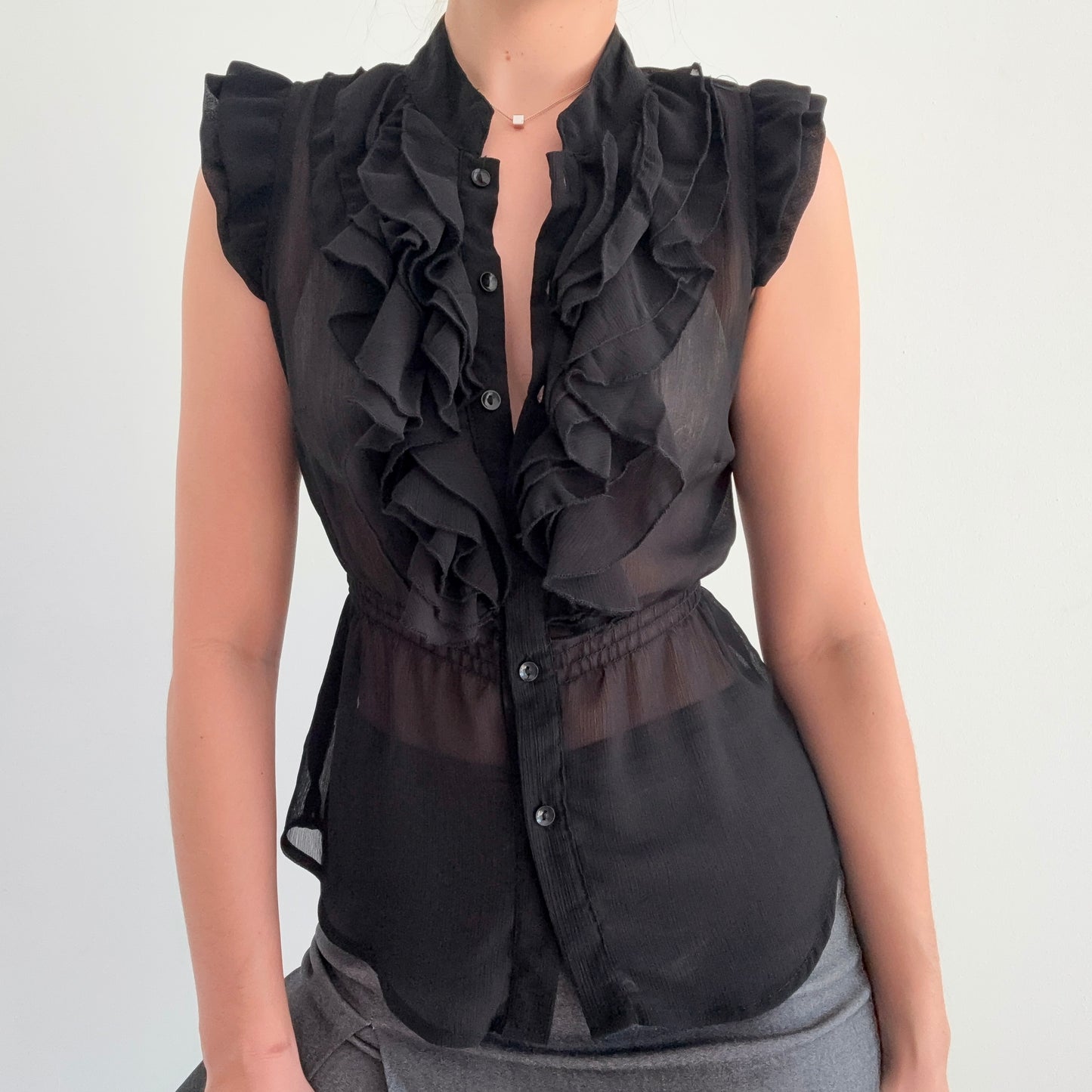 2010's Black Chiffon Ruffle Button Blouse / SZ S-M