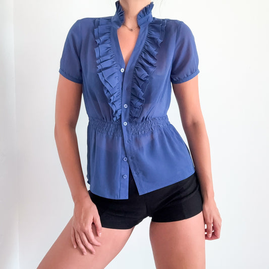 Y2K Periwinkle Chiffon Ruffle Blouse / SZ S/M