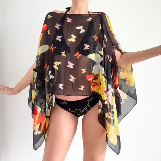 Y2K Black Butterfly Poncho Shawl / One Size