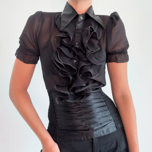 Y2K Black Ruffle Satin Blouse / SZ XS/S