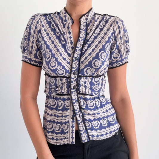 Y2K Periwinkle & Ivory Printed Silk Blouse / SZ M