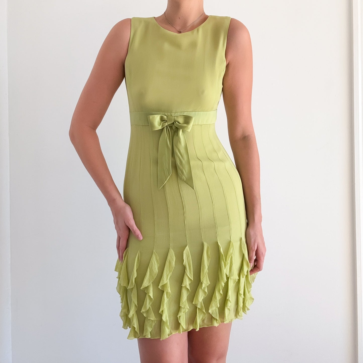 Y2K Green Silk Ruffle Bow Dress / SZ 2