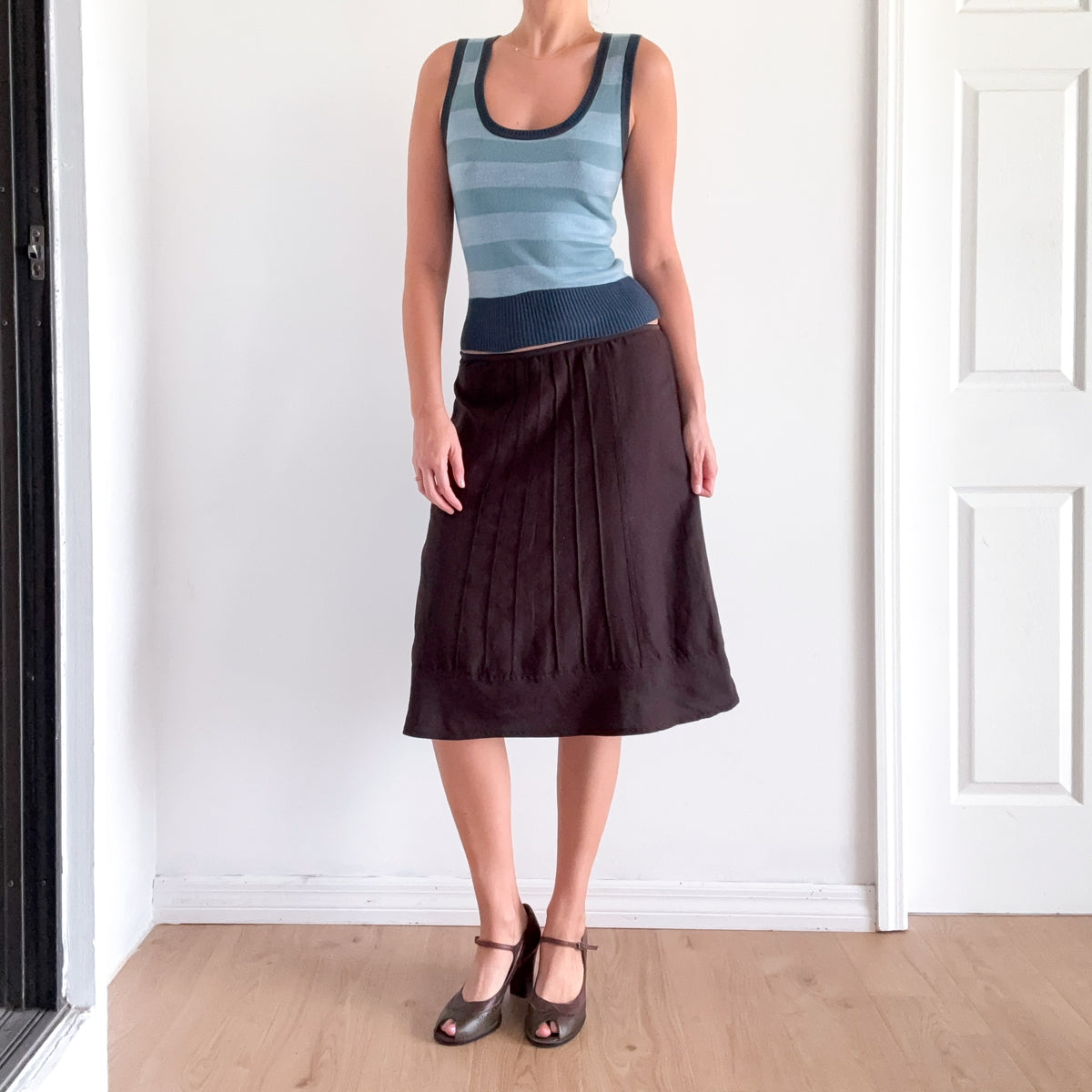 Y2K Brown Linen Blend Midi Skirt / SZ S-M