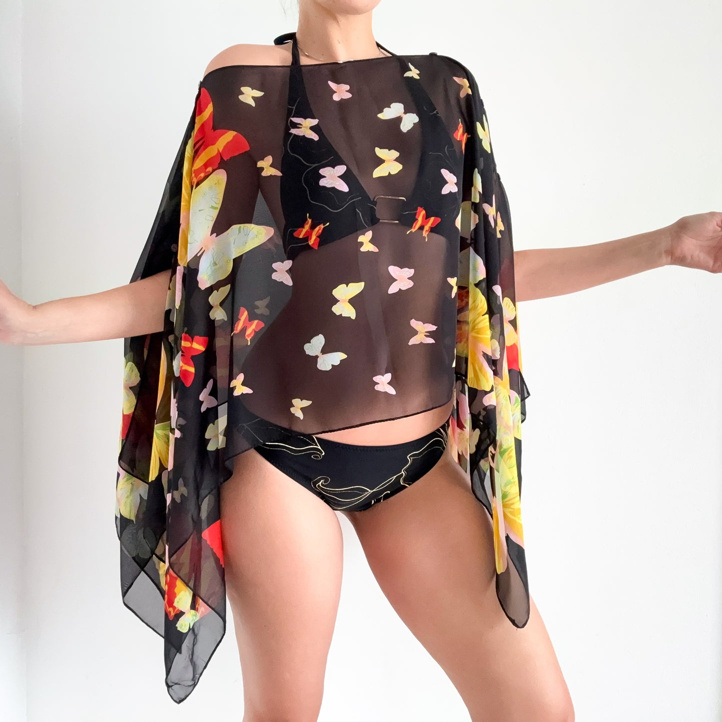Y2K Black Butterfly Poncho Shawl / One Size