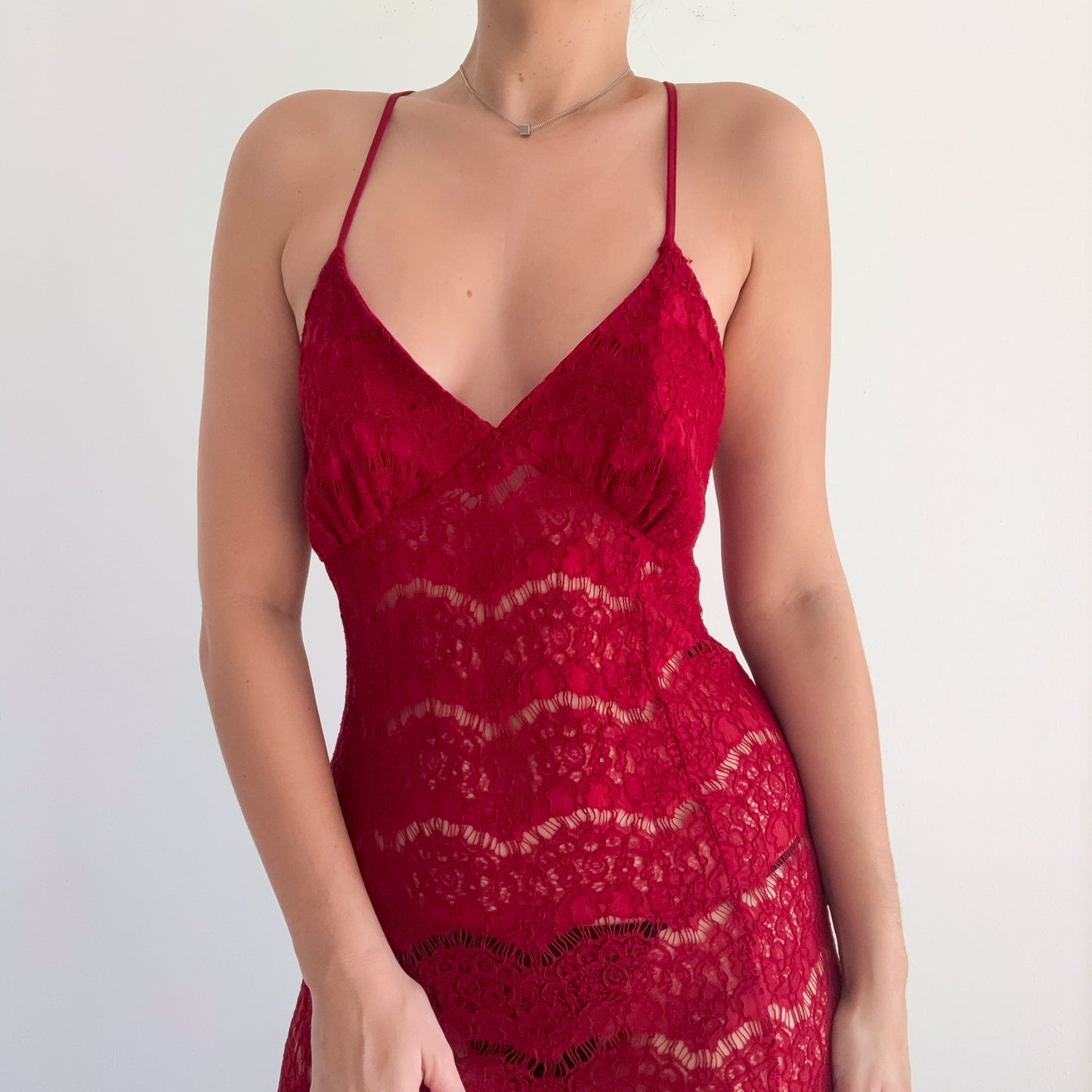 Contemporary Burgundy Lace Maxi Dress / SZ M/L