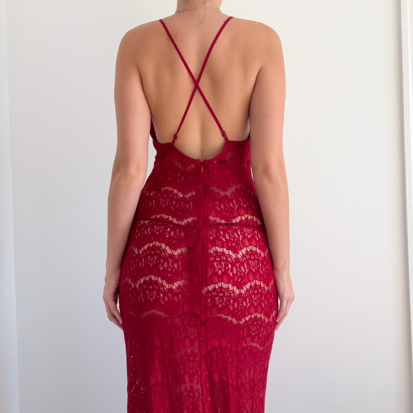 Contemporary Burgundy Lace Maxi Dress / SZ M/L