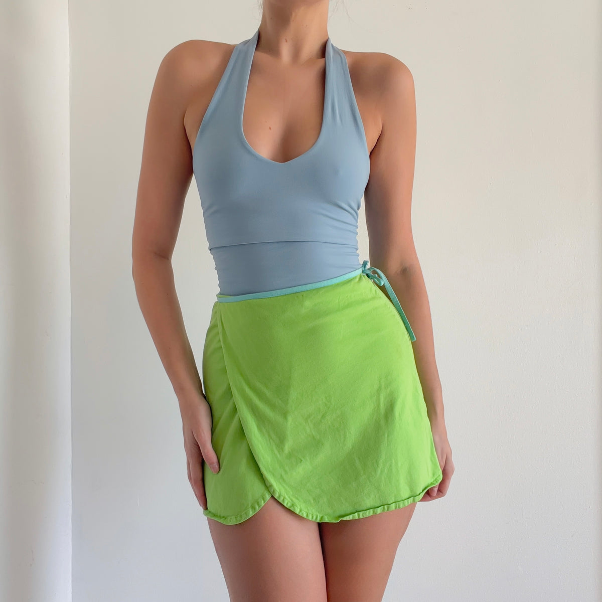 Y2K Lime Green Cotton Mini Wrap Skirt / SZ XS-S