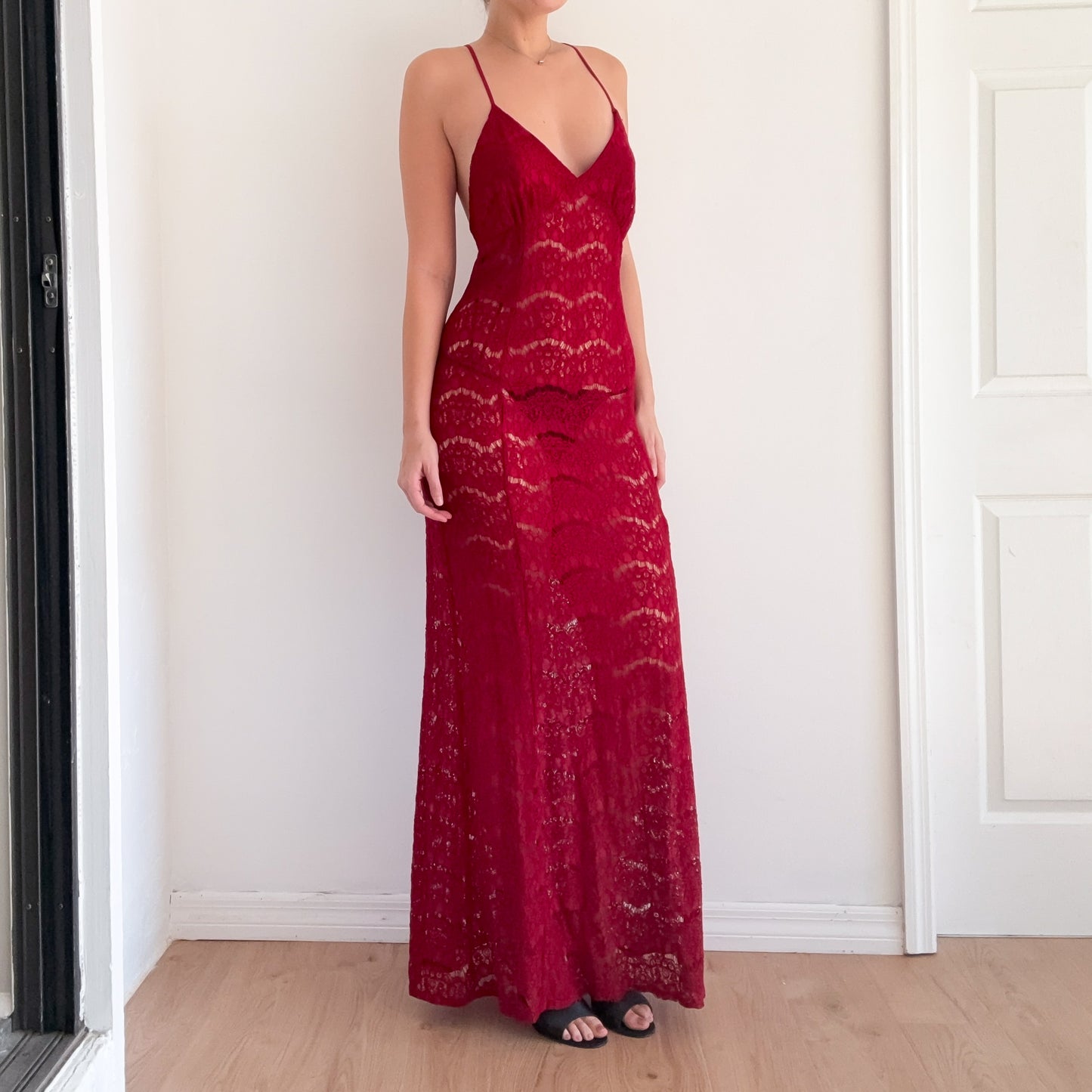 Contemporary Burgundy Lace Maxi Dress / SZ M/L
