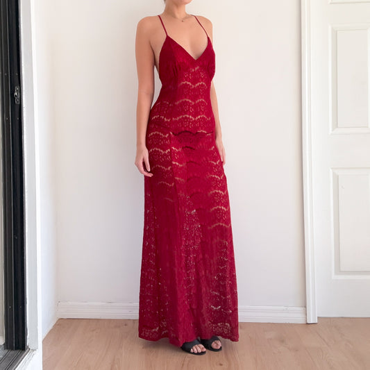 Contemporary Burgundy Lace Maxi Dress / SZ M/L