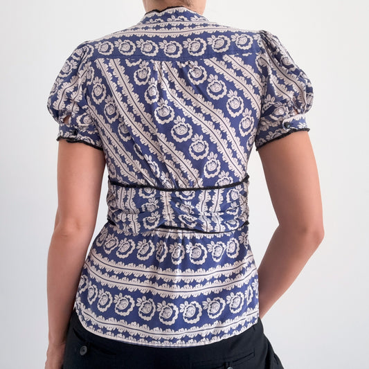 Y2K Periwinkle & Ivory Printed Silk Blouse / SZ M
