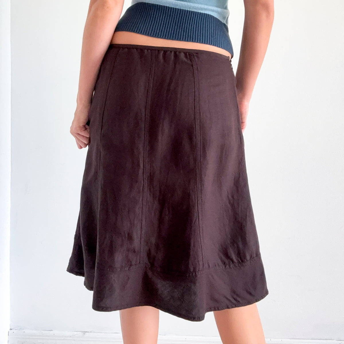 Y2K Brown Linen Blend Midi Skirt / SZ S-M