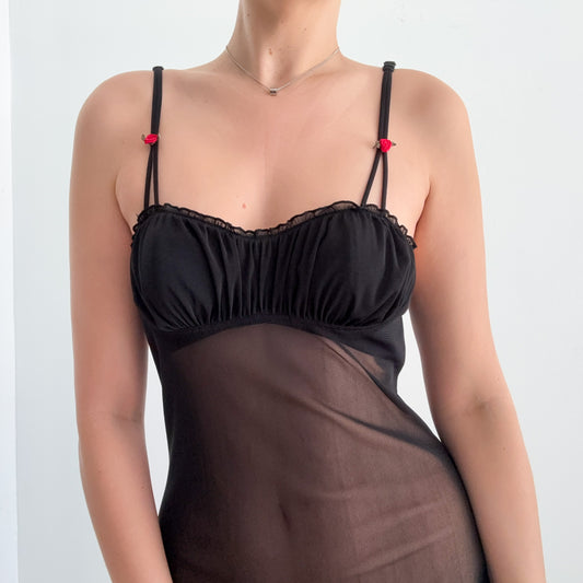 Y2K Black Rosebud Sheer Mesh Babydoll / SZ M