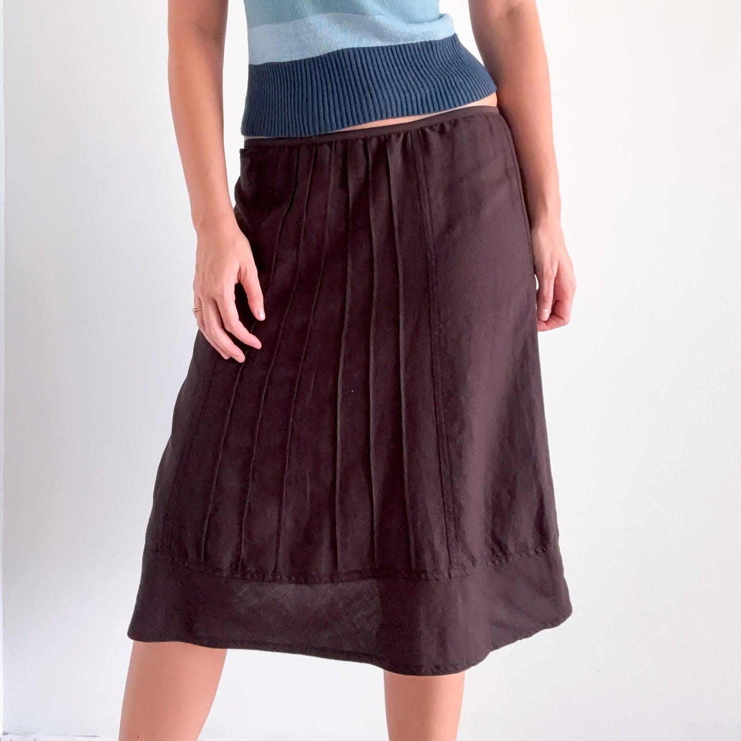Y2K Brown Linen Blend Midi Skirt / SZ S-M