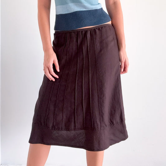 Y2K Brown Linen Blend Midi Skirt / SZ S-M