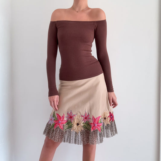 Y2K Tan Embroidered Flower Leopard Midi Skirt / SZ S