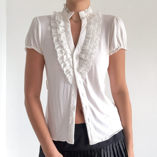 Y2K White Rayon Ruffle Button Blouse / SZ M-L