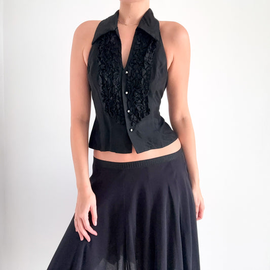 90's Black Ruffle Halter Blouse / SZ 8
