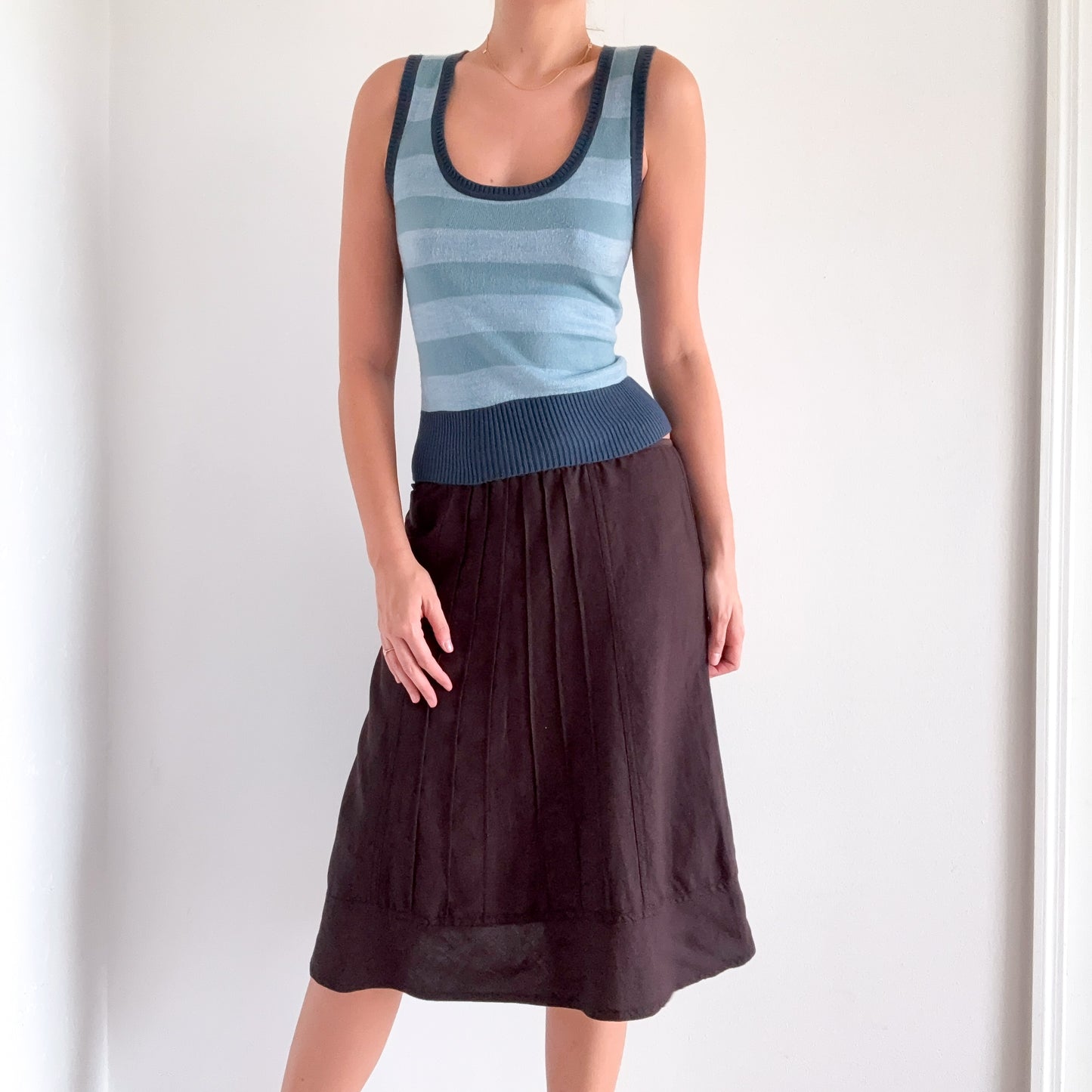 Y2K Brown Linen Blend Midi Skirt / SZ S-M
