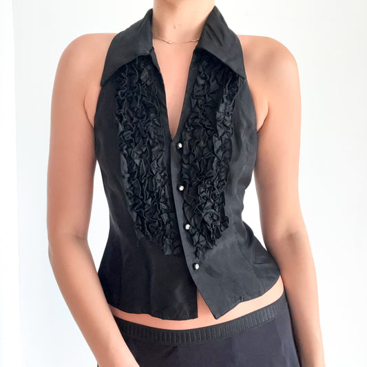90's Black Ruffle Halter Blouse / SZ 8