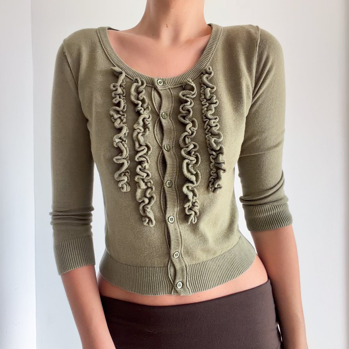 Y2K Olive Ruffle Knit Cardigan / SZ M