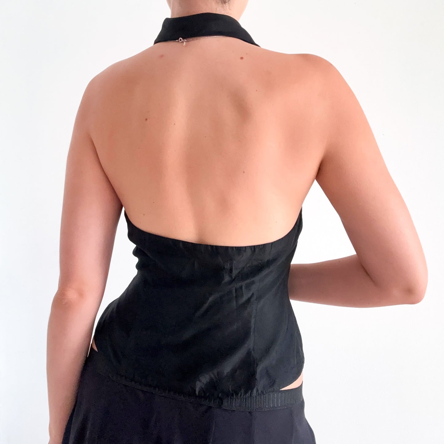 90's Black Ruffle Halter Blouse / SZ 8
