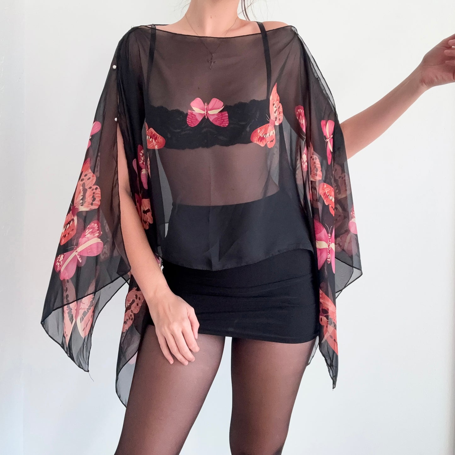 Y2K Black Butterfly Poncho Top / One Size