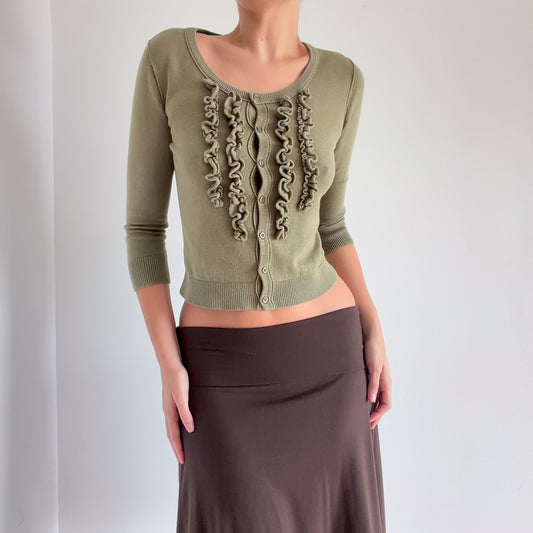 Y2K Olive Ruffle Knit Cardigan / SZ M