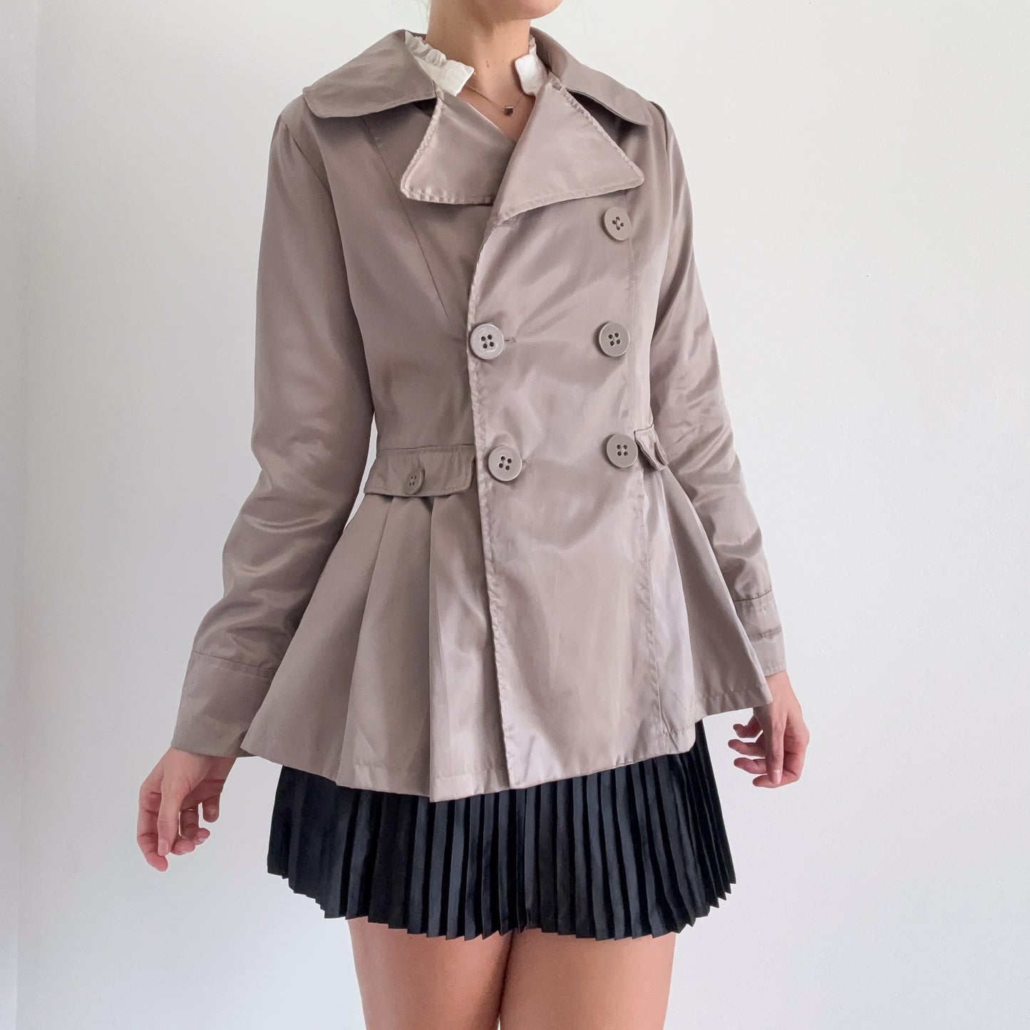 Y2K Pewter Satin Pleated Peacoat / SZ M