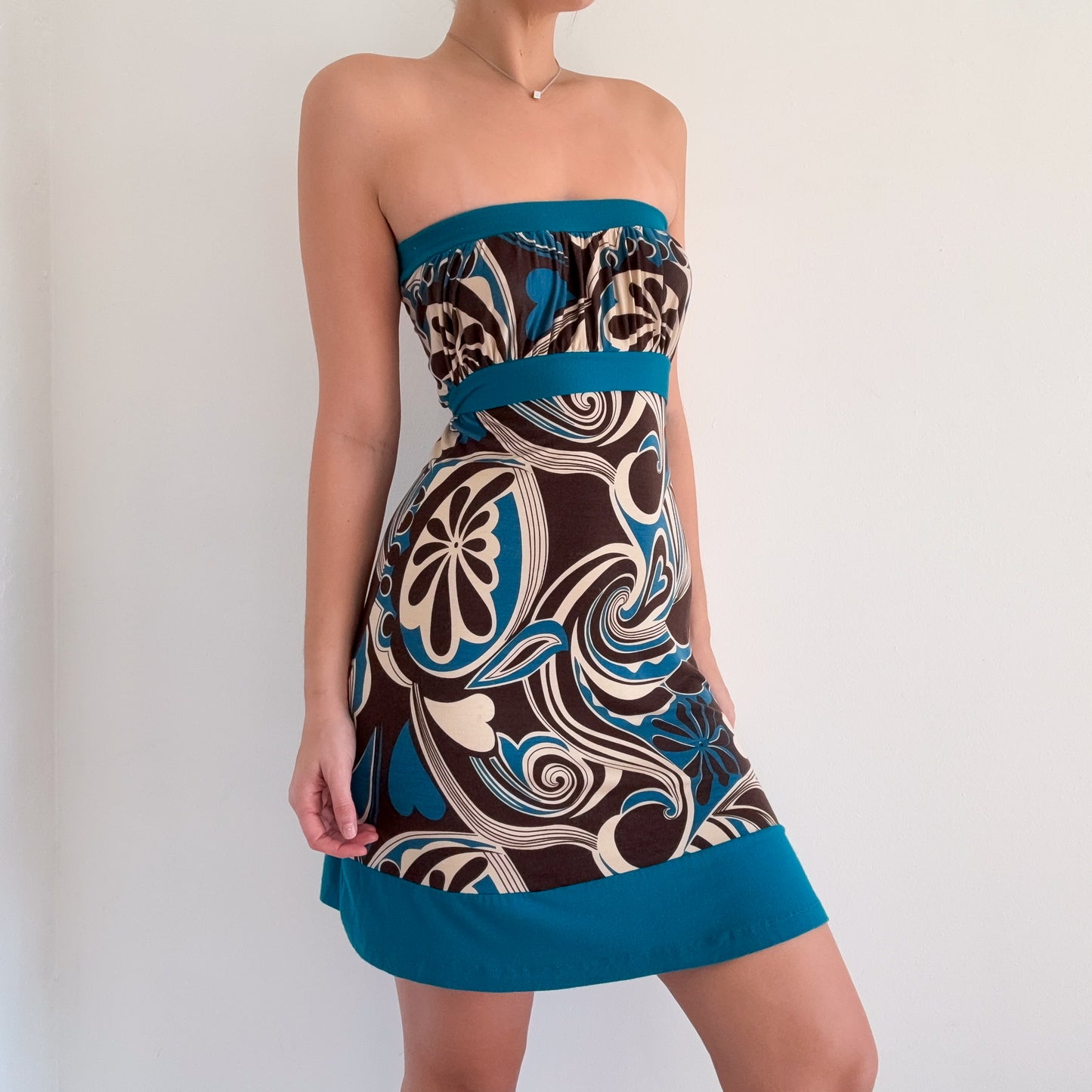 Y2K Brown & Teal Printed Tube Mini Dress / SZ S