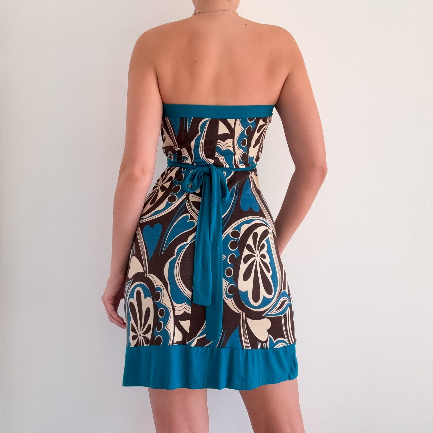 Y2K Brown & Teal Printed Tube Mini Dress / SZ S