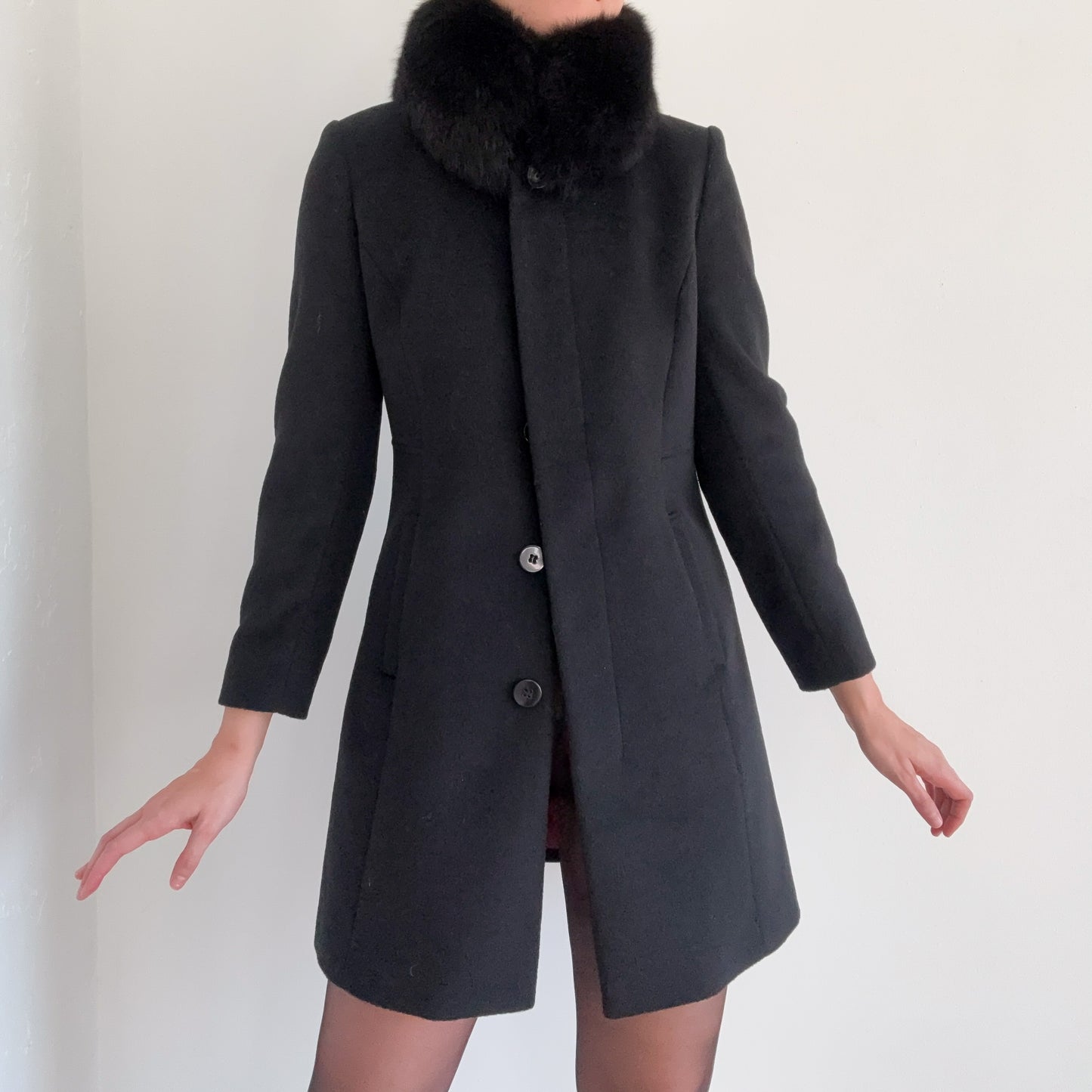 90's Black Wool Fur Coat / SZ S