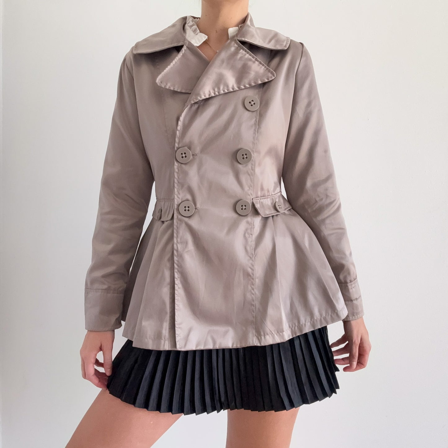 Y2K Pewter Satin Pleated Peacoat / SZ M