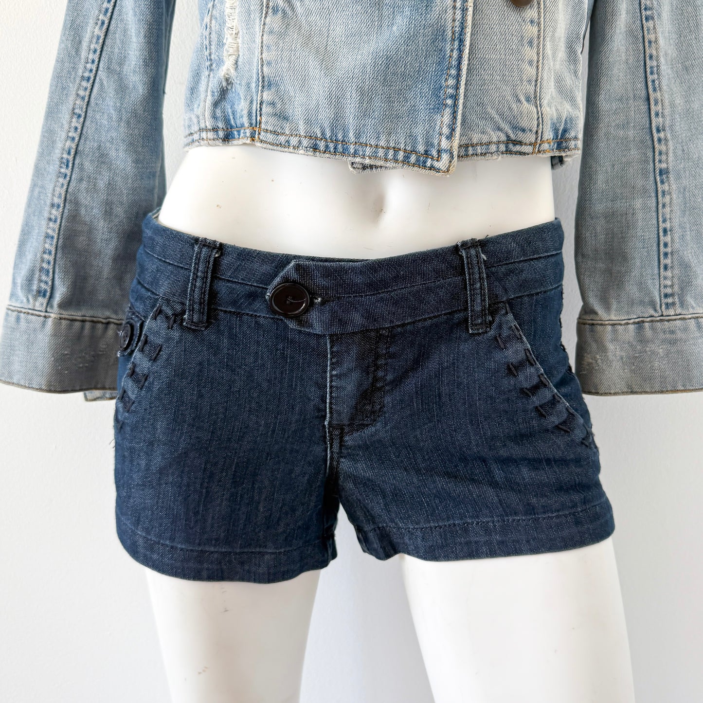 Y2K Dark Denim Exposed Stitch Shorts / SZ 2/4