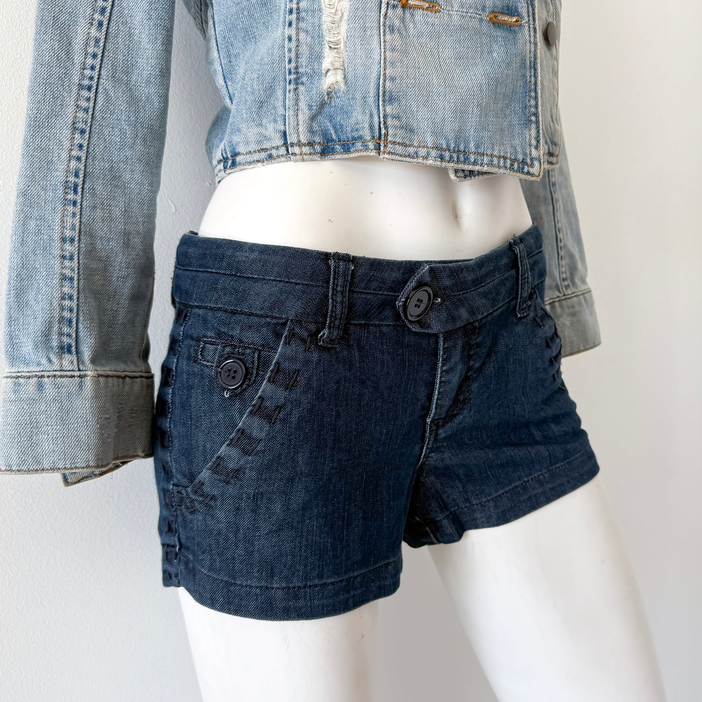 Y2K Dark Denim Exposed Stitch Shorts / SZ 2/4