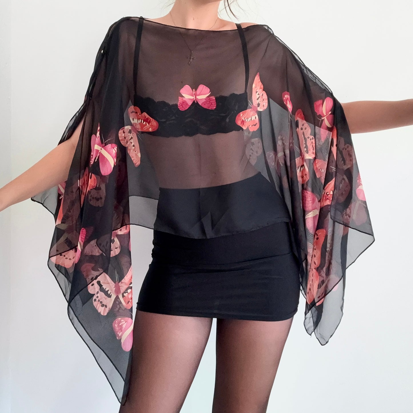 Y2K Black Butterfly Poncho Top / One Size