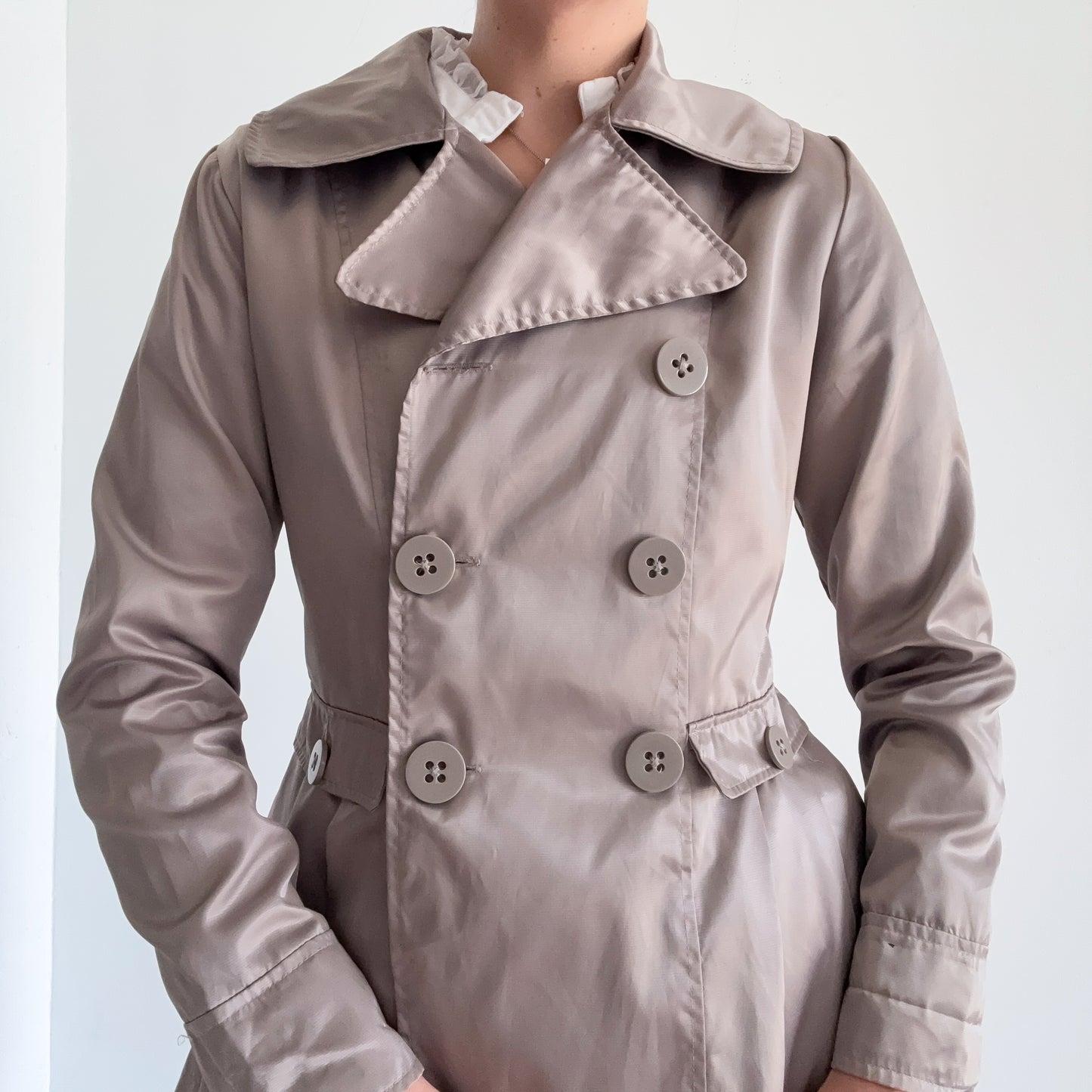 Y2K Pewter Satin Pleated Peacoat / SZ M