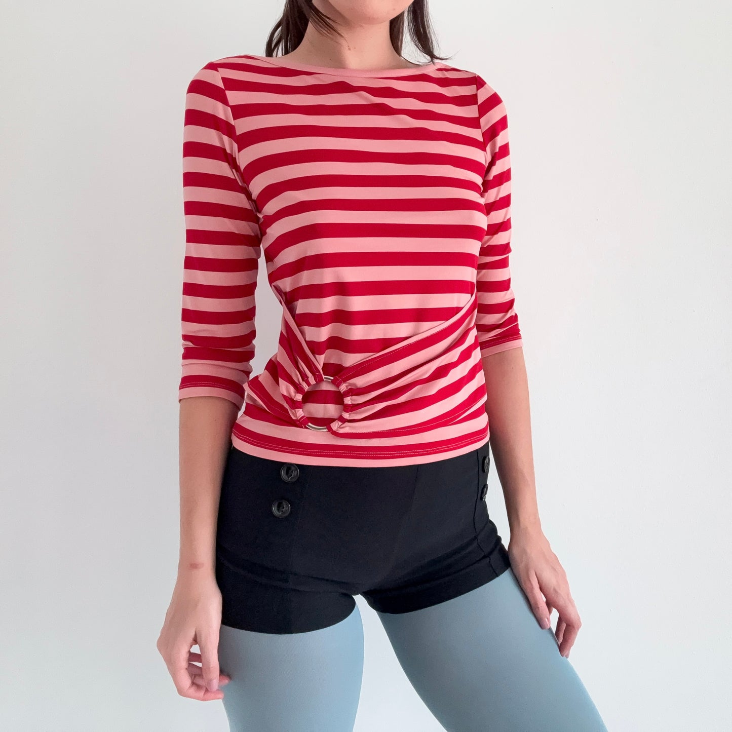 Y2K Pink & Red Striped Belted Top / SZ M