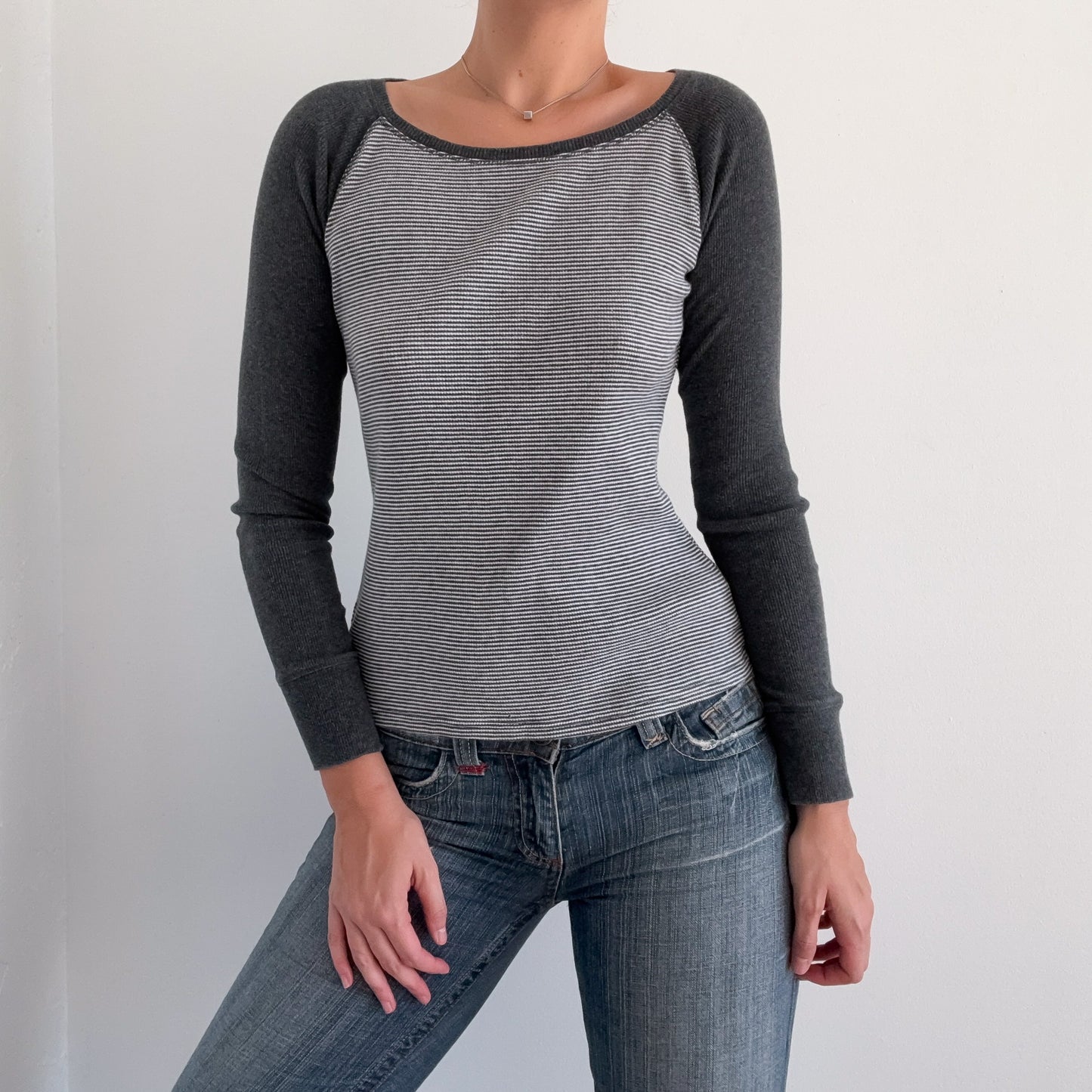 Y2K Grey Striped Thermal Long Sleeve / SZ M