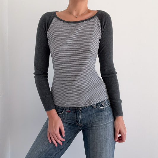 Y2K Grey Striped Thermal Long Sleeve / SZ M