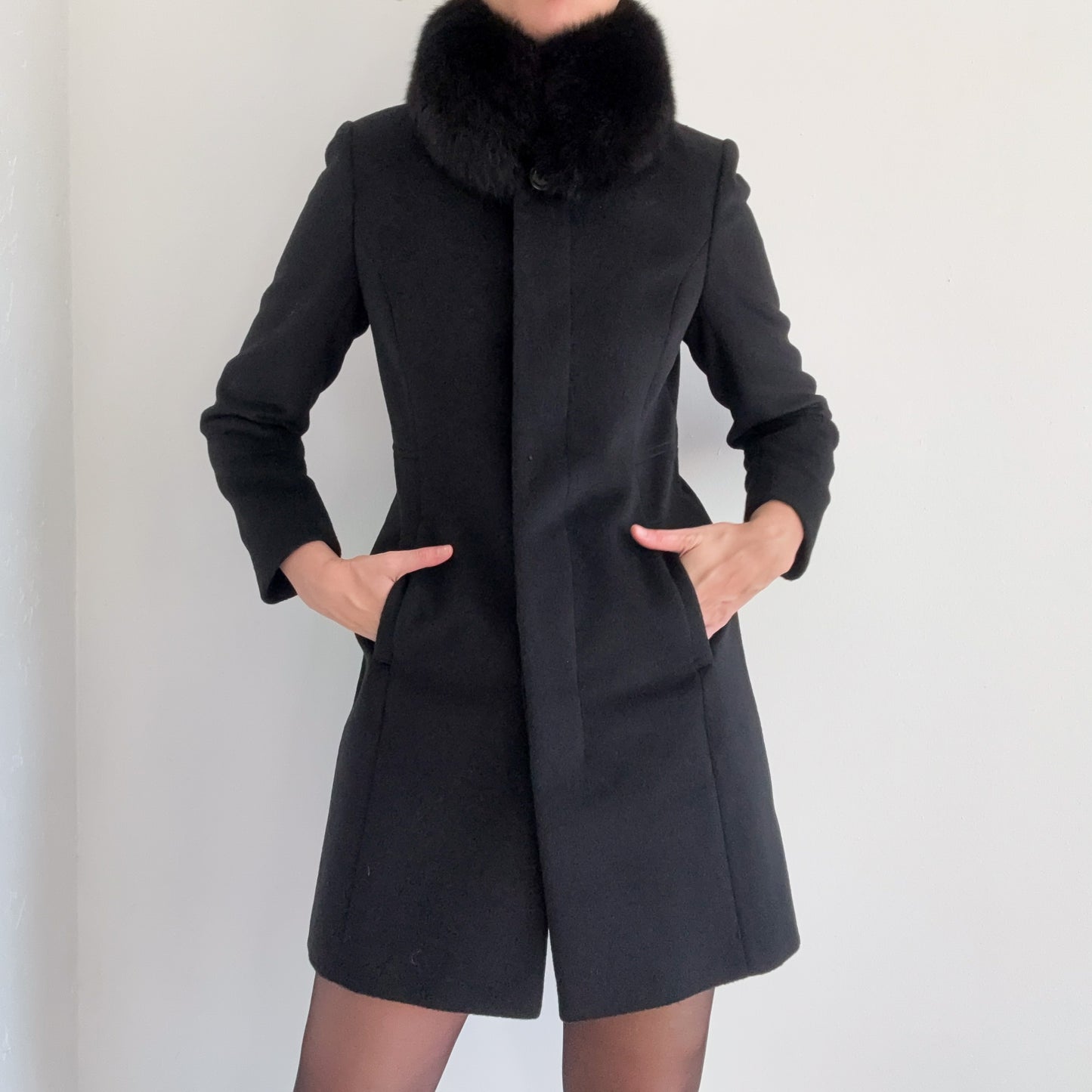 90's Black Wool Fur Coat / SZ S