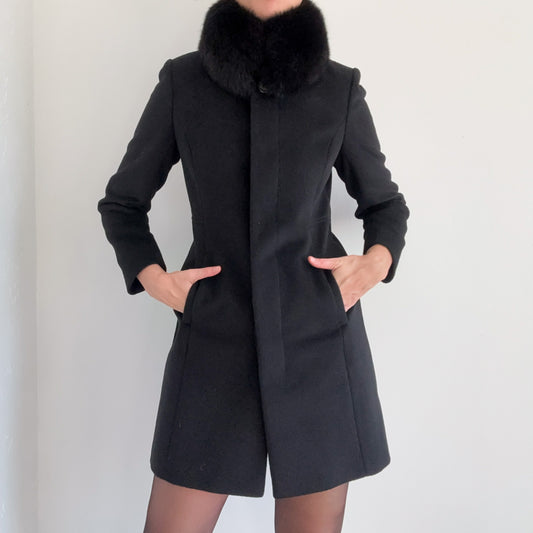 90's Black Wool Fur Coat / SZ S