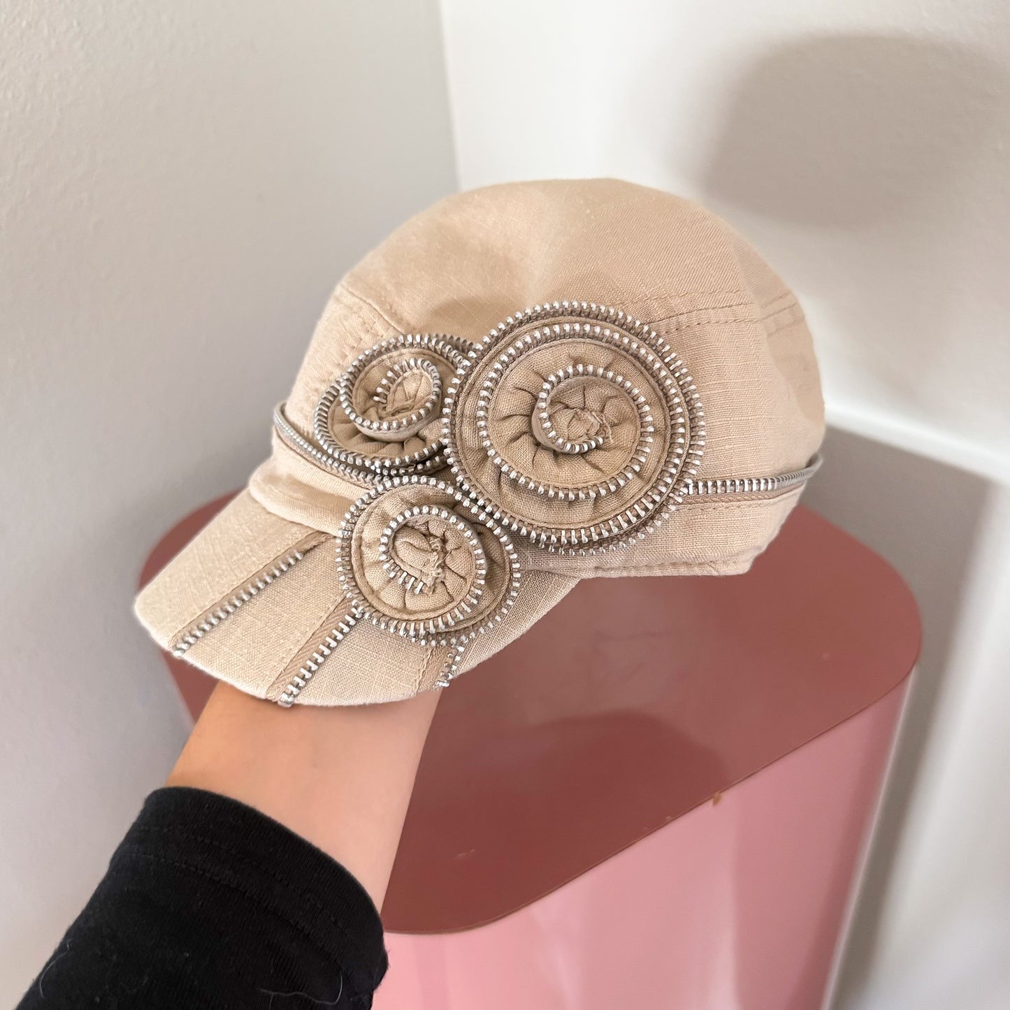 Y2K Beige Zipper Rosette Linen Cap