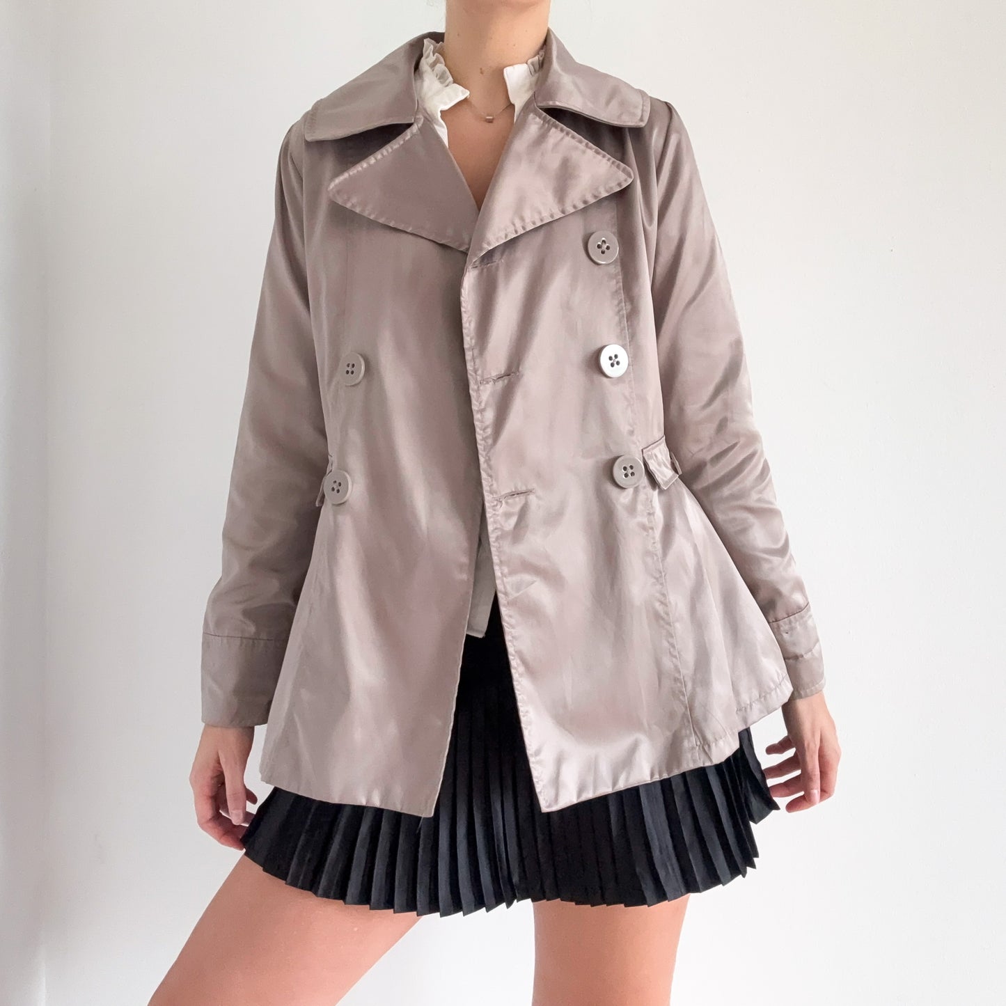 Y2K Pewter Satin Pleated Peacoat / SZ M