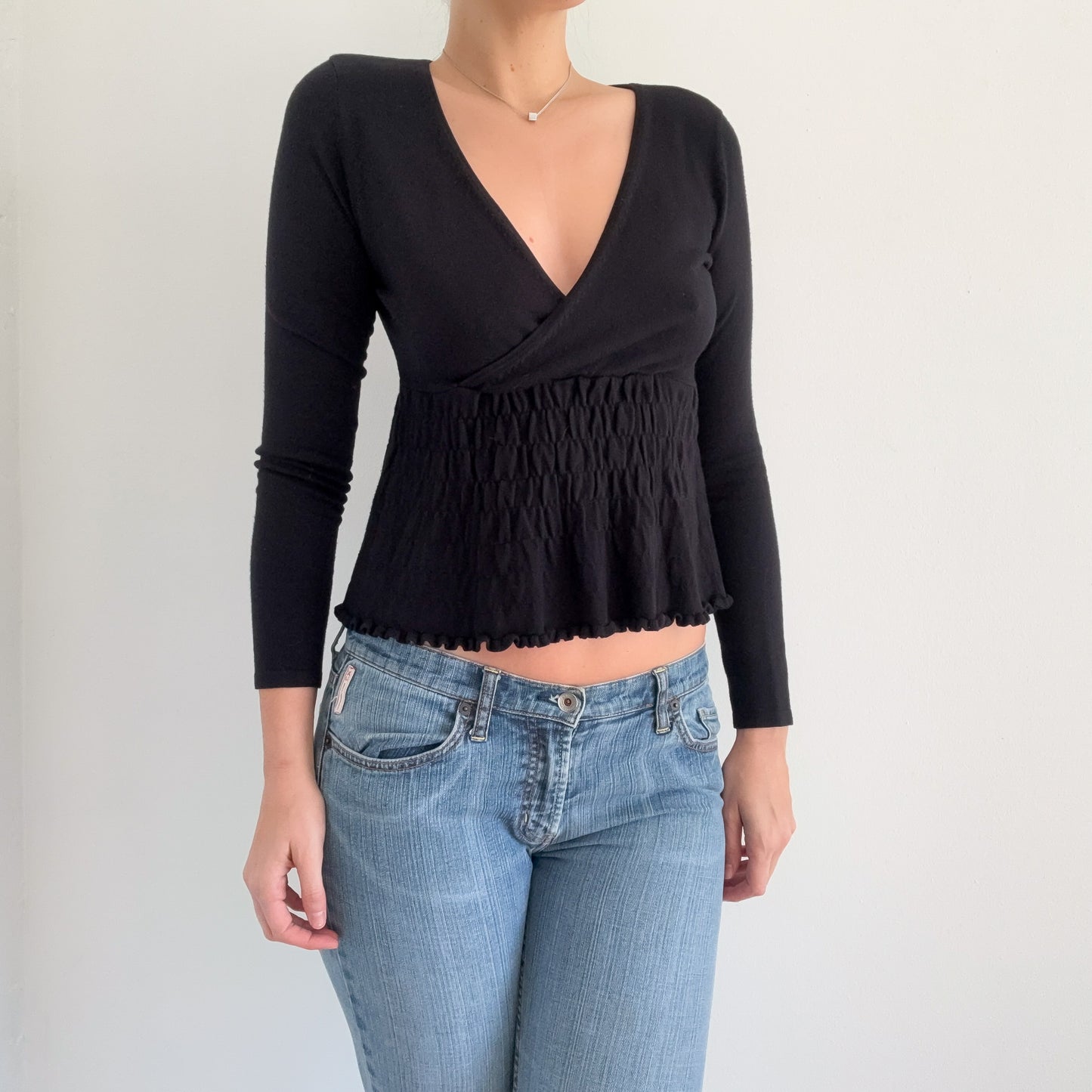 Y2K Black Knit Smocked Babydoll Top / SZ S