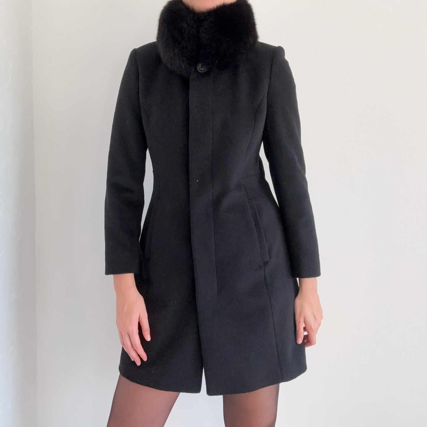 90's Black Wool Fur Coat / SZ S